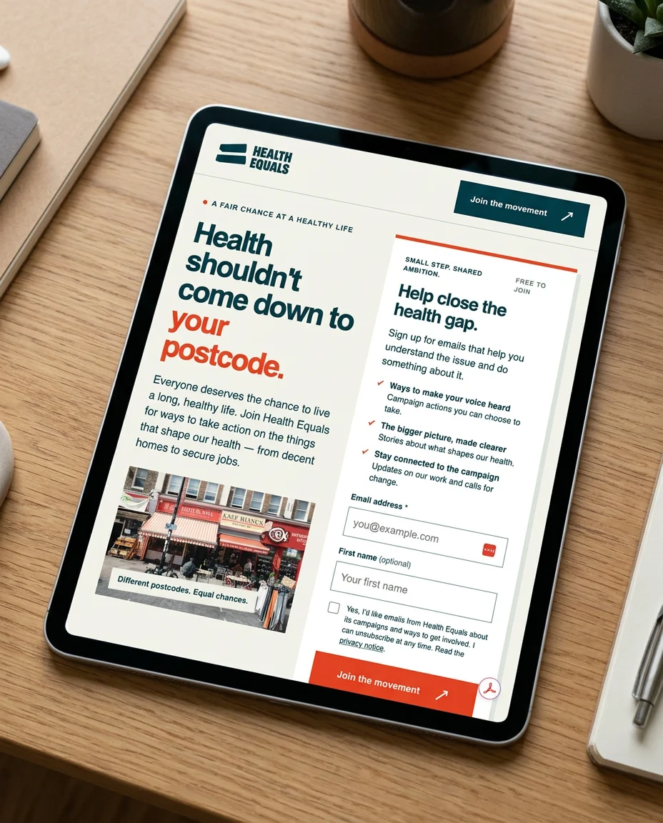 Illustrative Health Equals supporter acquisition landing page on a tablet