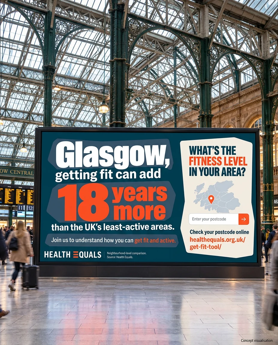 Illustrative Health Equals digital out-of-home campaign in Glasgow Central station